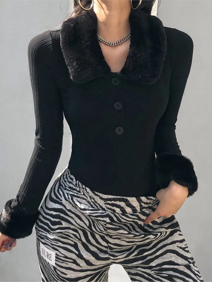 Black Faux Fur V Neck Bodycon Sweater
