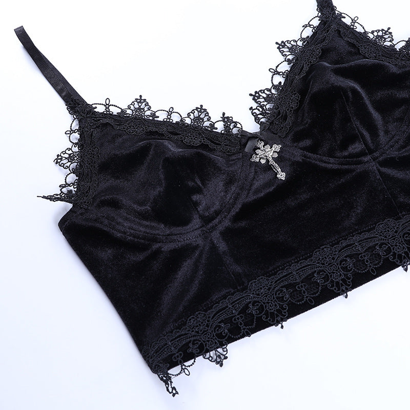 Cute Sexy Black Lace Trim Cross Goth Punk Backless Crop Top Tank Sleeveless Shirt Summer Casual E-Girl Kawaii Korean Japanese Harajuku Streetwear