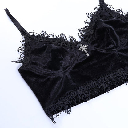 Cute Sexy Black Lace Trim Cross Goth Punk Backless Crop Top Tank Sleeveless Shirt Summer Casual E-Girl Kawaii Korean Japanese Harajuku Streetwear
