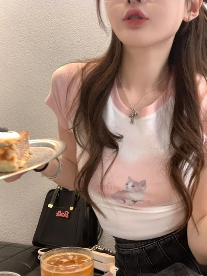 Cat Print Cropped Short Sleeve T-shirt
