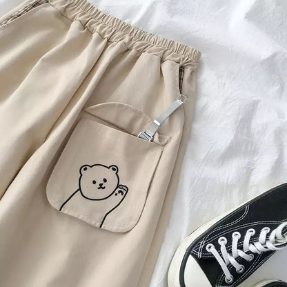 Cute Black Khaki Bear Embroidery Wide Leg Pants Women Casual High Waisted Loose Long Straight Bottom E-Girl Kawaii Korean Japanese Harajuku Streetwear