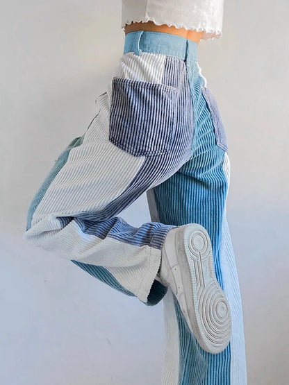 Blue Patchwork Corduroy High Waist Trousers