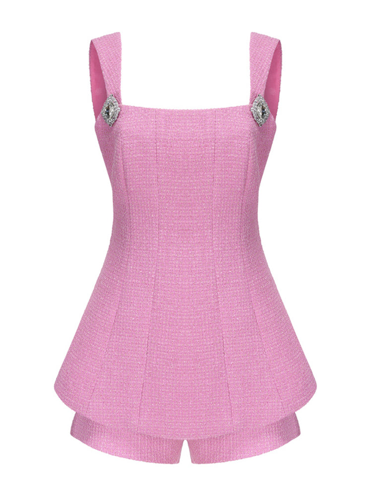 2PCs Pink Tweed Square Collar Top + Shorts Set