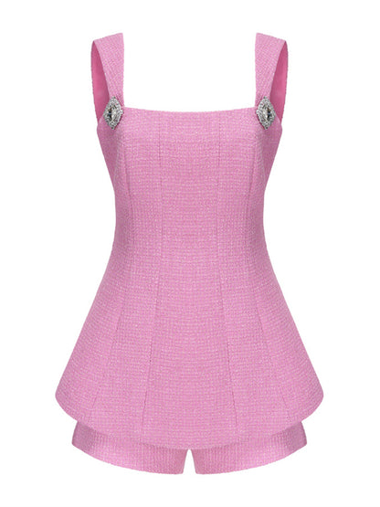 2PCs Pink Tweed Square Collar Top + Shorts Set