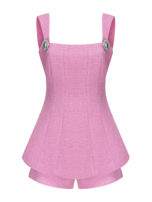 2PCs Pink Tweed Square Collar Top + Shorts Set