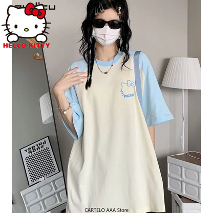 Japanese Cat Print Patchwork Short Sleeve T-shirt