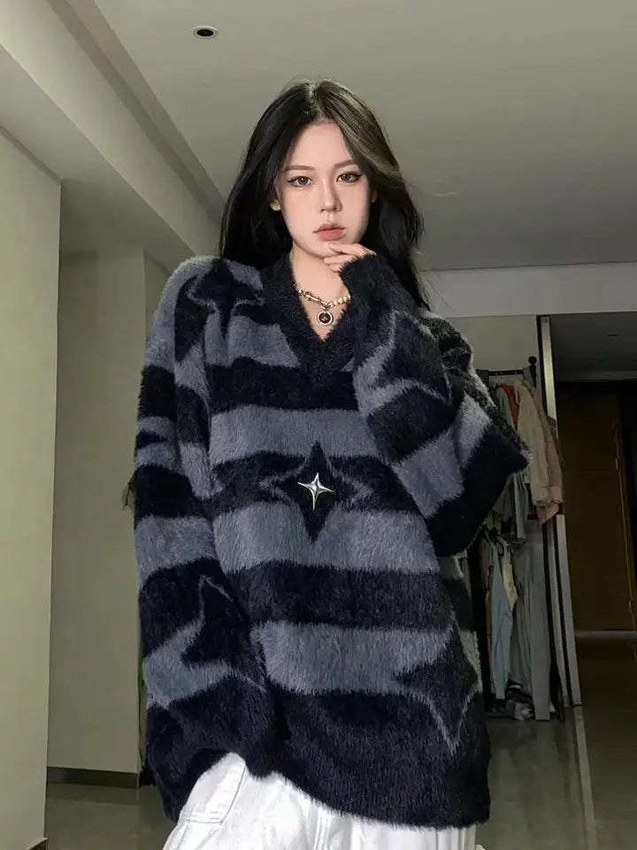 Grey & Black Star Striped Sweater