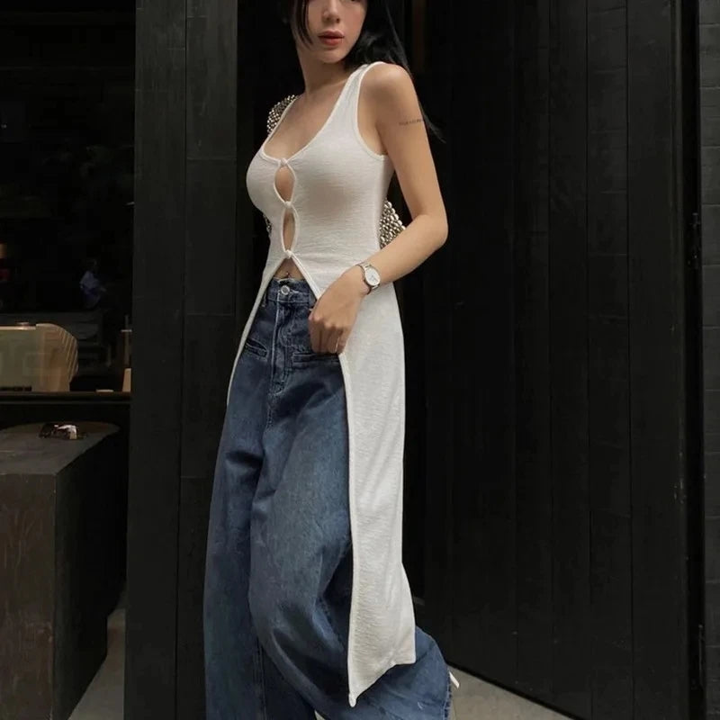 White Hollow Out V Neck Long Tank Top