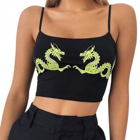 Cute Sexy Casual Dragon Sleeveless Tank Crop Top Shirt Tee T-shirt E-Girl Kawaii Korean Japanese Harajuku Chinese Retro Streetwear Aesthetic