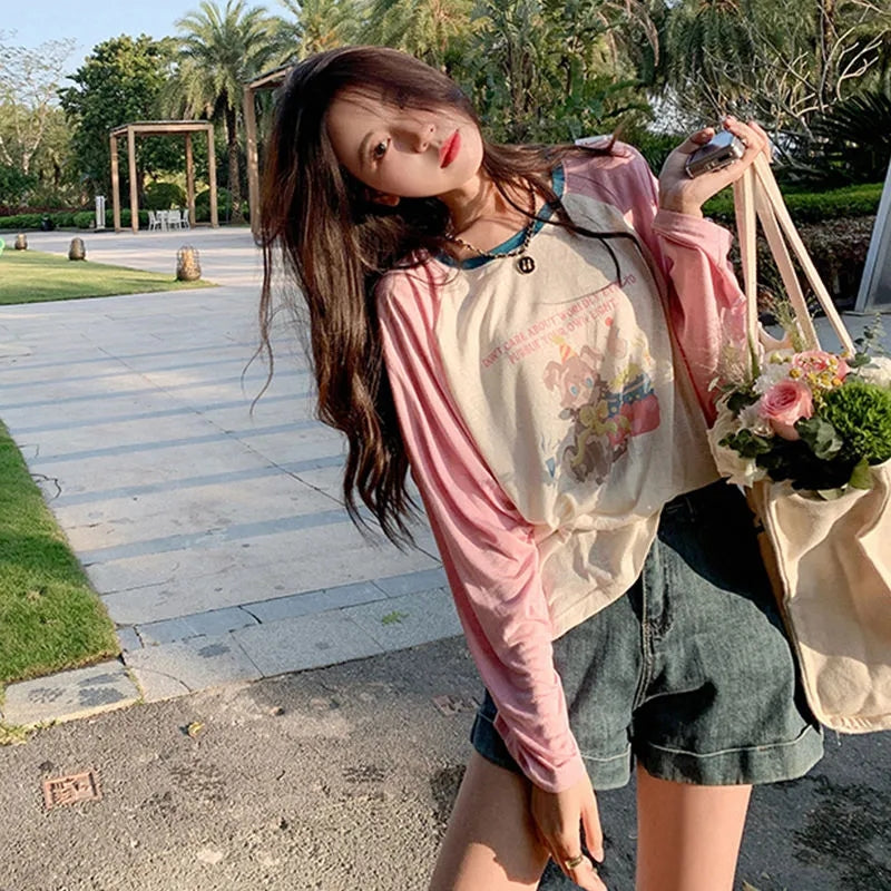 Pink Teddy Bear Patchwork Long Sleeve Shirt