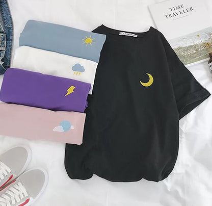 Cute Casual Cartoon Moon Sun Star Cloud Embroidery Loose T-shirt Short Sleeve Tee Shirt Top E-Girl Kawaii Korean Japanese Harajuku Retro Streetwear