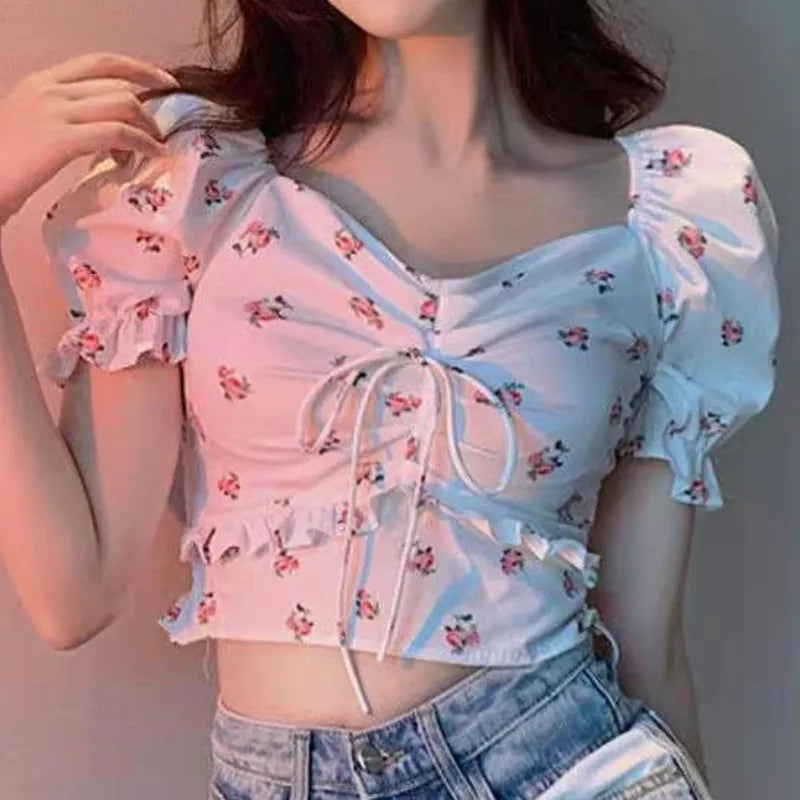 Sweet Floral Bow Pleated Puff Sleeve Blouse Aesthetic Casual E-Girl Kawaii Korean Japanese Harajuku