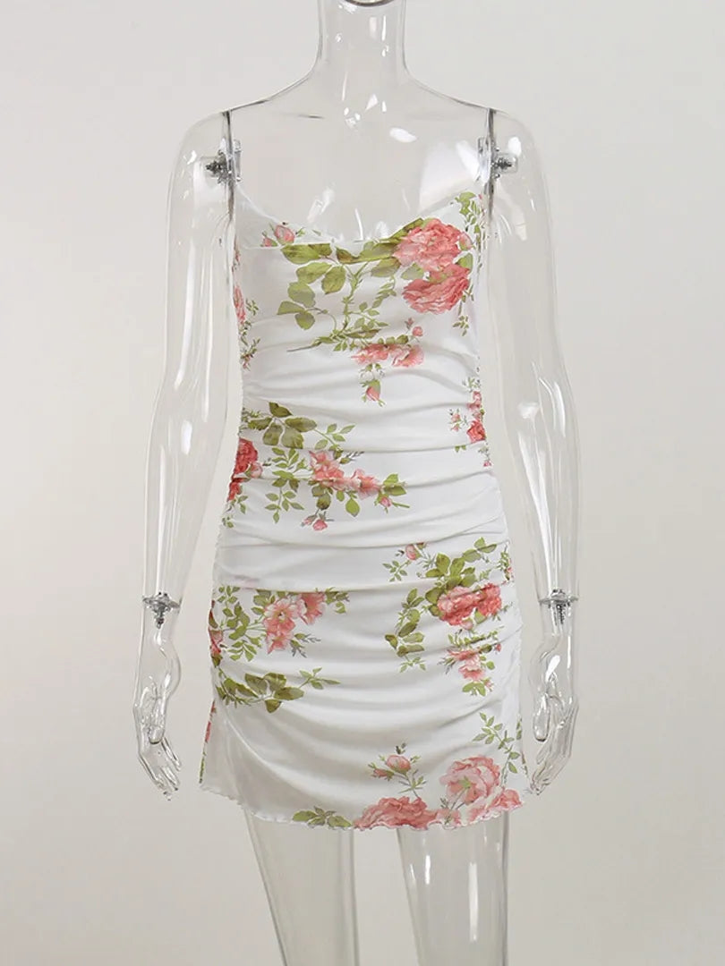 Floral Mesh Ruched Bodycon Dress