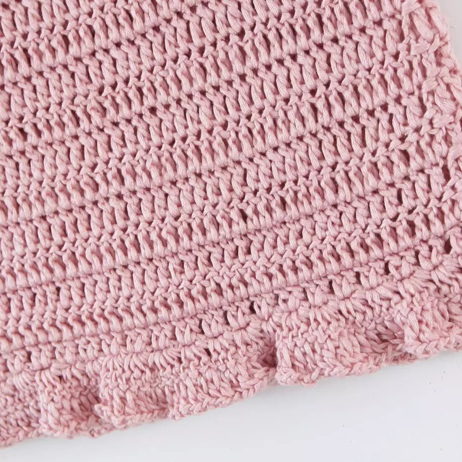 Pink Strawberry Crochet Knit Top + Sash Beach Mini Skirt
