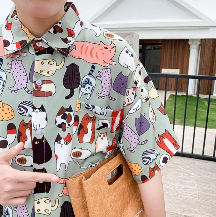 Cute Vintage Unisex Cat Cartoon Print Loose Short Sleeve Shirt Button Up Aesthetic Casual Summer E-Girl Kawaii Korean Japanese Harajuku
