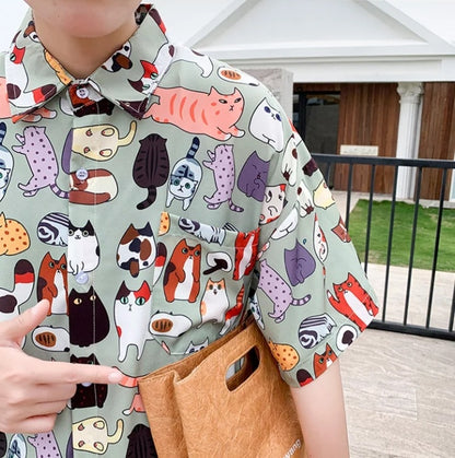 Cute Vintage Unisex Cat Cartoon Print Loose Short Sleeve Shirt Button Up Aesthetic Casual Summer E-Girl Kawaii Korean Japanese Harajuku