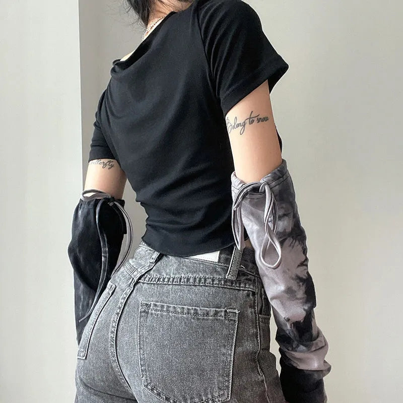 Black & Grey Patchwork Crop Top with Sleeve