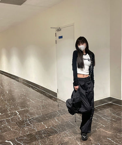 Black & White Angel Patchwork Long Sleeve Crop Top
