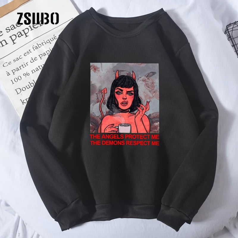 Cute Angel Demon Girl Print Sweater Pullover Hoodie Long Sleeve Top Shirt Sweatshirt E-Girl Kawaii Korean Japanese Harajuku Retro Streetwear Aesthetic