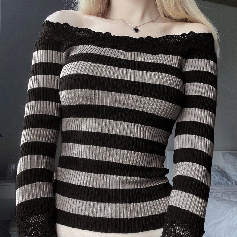 Pink & Black Stripe Off Shoulder Long Sleeve Shirt