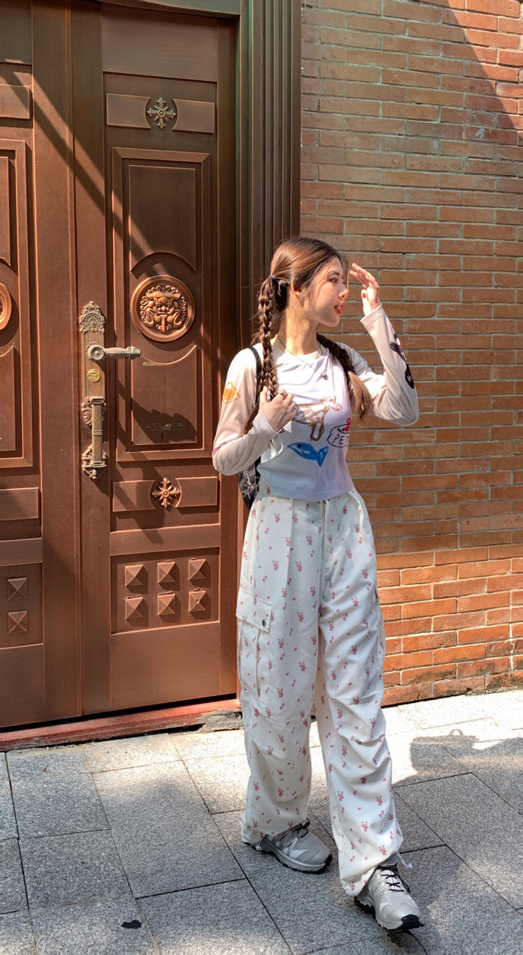 Floral Print Drawstring High Waist Pants