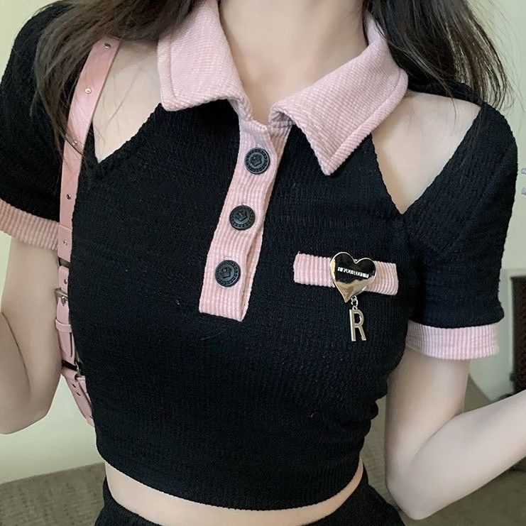 Black Off Shoulder Hollow Out Short Sleeve T-shirt