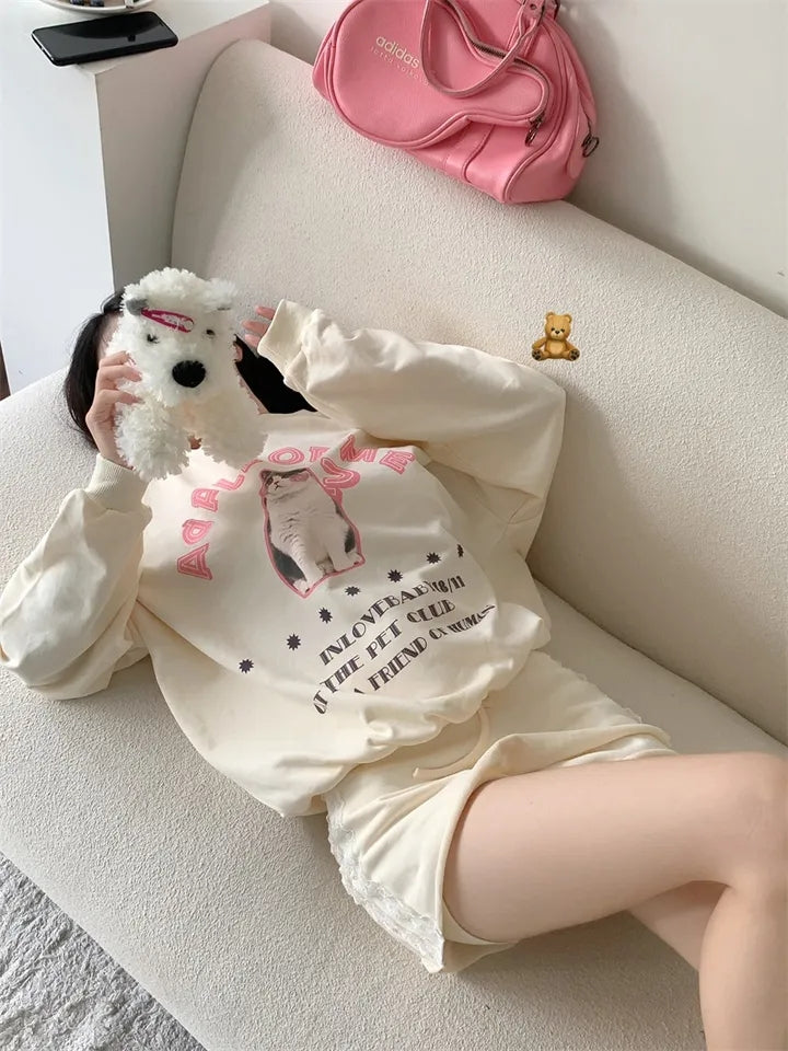 Cat Question Mark Graphic Print Loose Sweatshirt