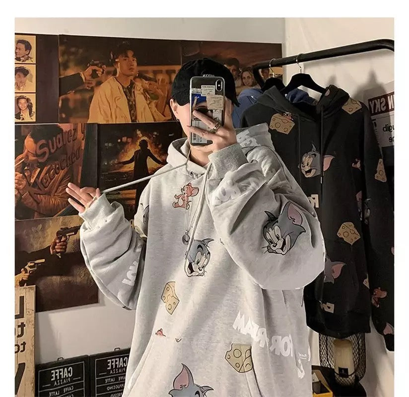 Cute Funny Cat Mouse Print Cartoon Oversized Loose Hoodie Sweatshirt Pullover Sweater Casual E-Girl Kawaii Korean Japanese Harajuku Streetwear