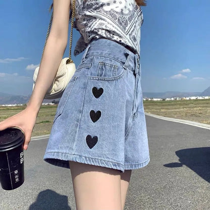 Heart Embroidery Denim Shorts