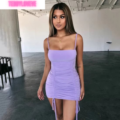 Sexy Purple Cami Strap Drawstring Bandage Bodycon Backless Dress Party Club Summer E-Girl Kawaii Korean Japanese Harajuku Streetwear