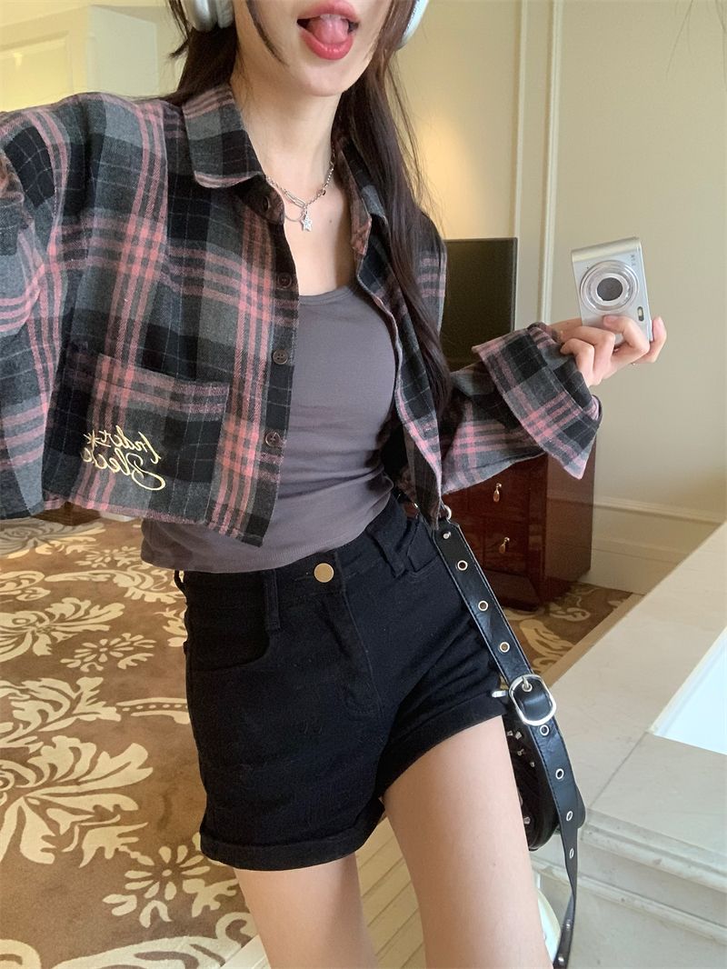 Pink & Black Plaid Cropped Long Sleeve Shirt