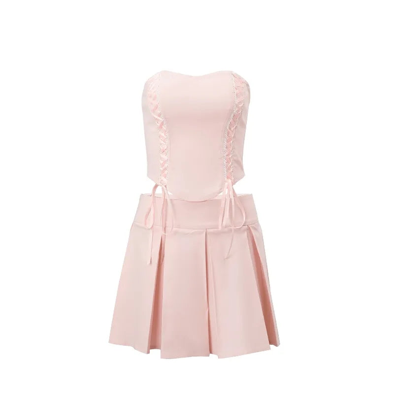 2PCS Pink Side Cross Strapless Top + Pleated Mini Skirt