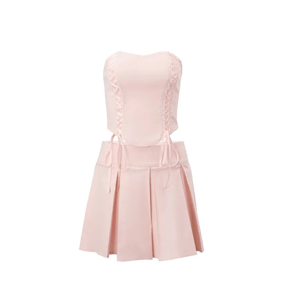 2PCS Pink Side Cross Strapless Top + Pleated Mini Skirt