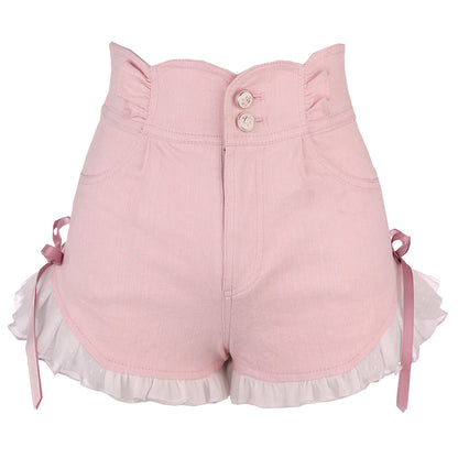Pink Bow Ruffle High Waist Lace Shorts