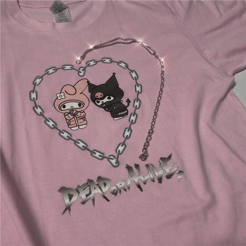 Cute Pastel Pink Anime Cartoon Print Rabbit Letter Short Sleeve Shirt T-shirt Top E-Girl Kawaii Korean Japanese Harajuku Streetwear