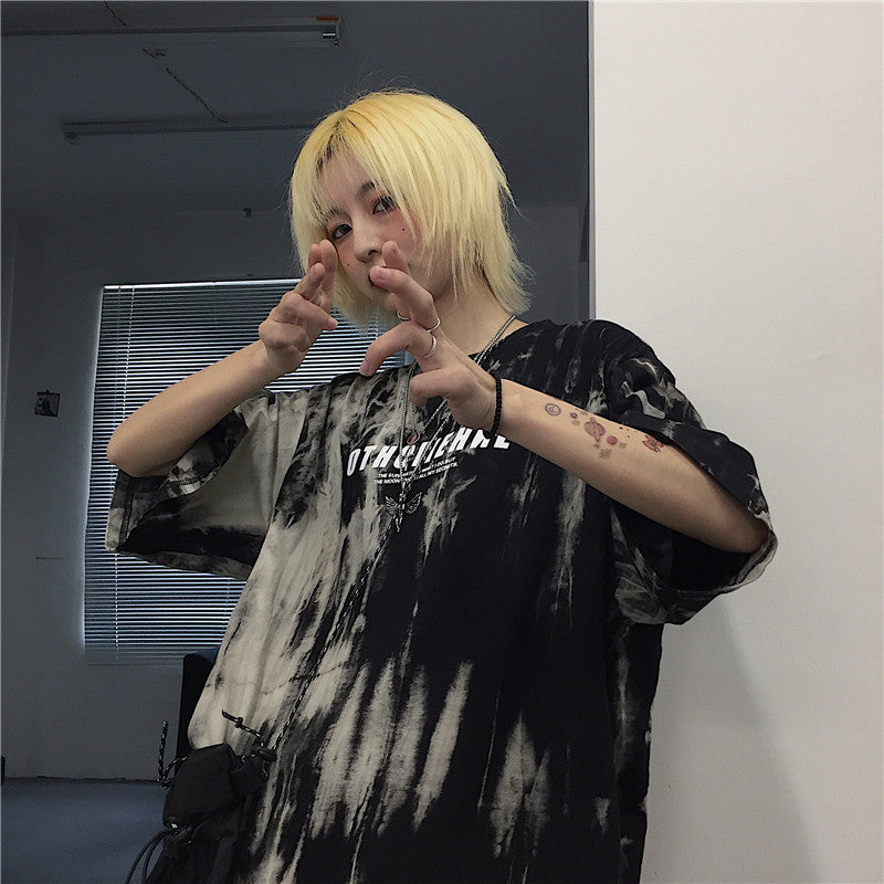 Cute Smoke Ash Print Loose Oversized Crop Top Short Sleeve Shirt Tee T-shirt E-Girl Kawaii Korean Japanese Harajuku Chinese Retro Streetwear Punk Goth