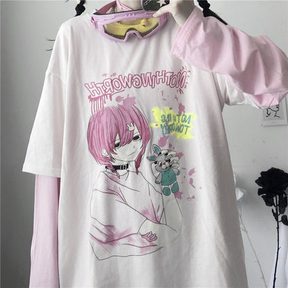Goth Anime Girl Cartoon Print Loose Casual Sweatshirt Sweater Long Sleeve Shirt Pullover Jumper E-Girl Kawaii Korean Japanese Harajuku Streetwear