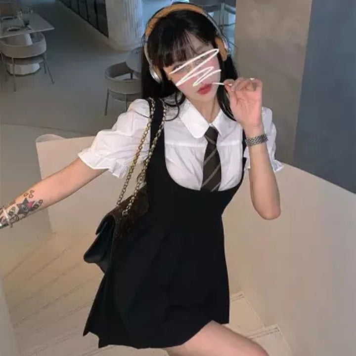 Cute Preppy Puff Sleeve Shirt Pleated Dress Set Student Aesthetic Casual E-Girl Kawaii Korean Japanese Harajuku