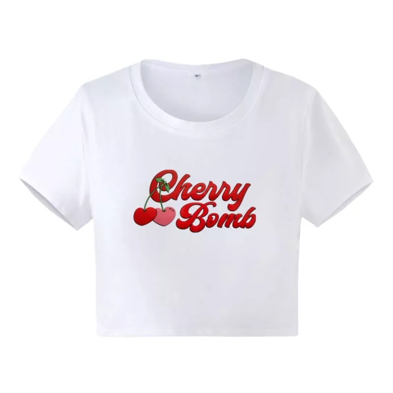 Cherry Print Short Sleeve Crop Top Aesthetic Casual E-Girl Kawaii Korean Japanese Harajuku