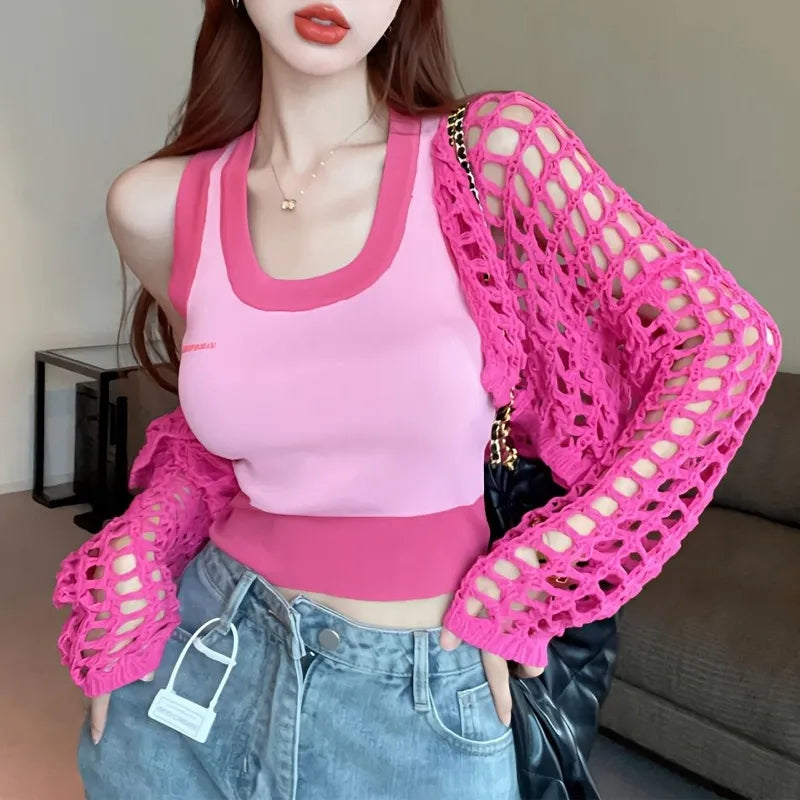 2PCS Pink Crochet Smock + Tank Top