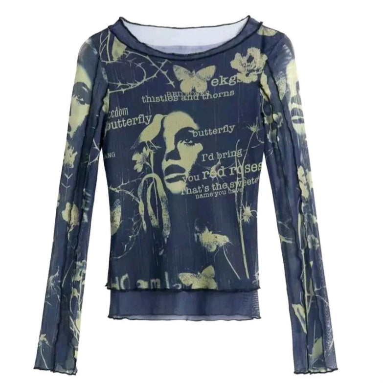 Butterfly Print Mesh Long Sleeve Shirt