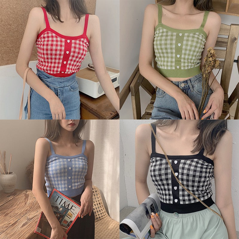 Cute Sexy Sweet Knit Plaid Checkered Botton Cami Crop Top Shirt Tee T-shirt E-Girl Kawaii Korean Japanese Harajuku Chinese Retro Streetwear Aesthetic