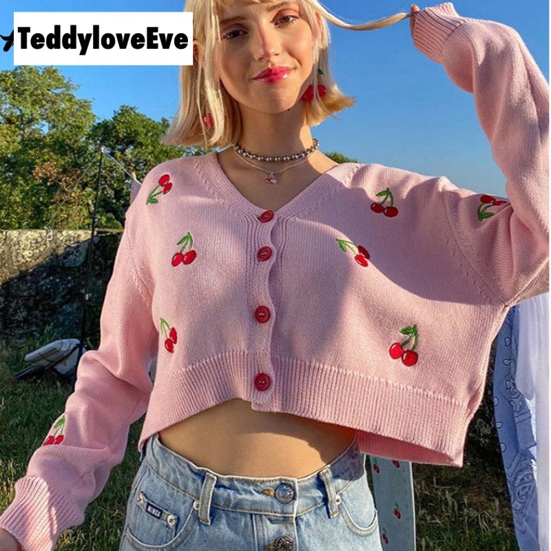 Cute Sweet Cherry Embroidery V Neck Knit Vest Long Sleeve Cardigan Crop Top Sweater Sweatshirt Pullover Jumper E-Girl Kawaii Korean Japanese Harajuku