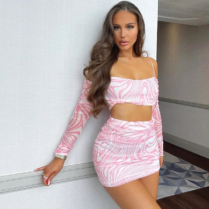 2PCS Pink Off Shoulder Sling Long Sleeve Crop Top + Skirt