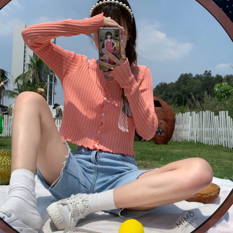 Cute V Neck Knit Casual Thin Sweater Cardigan Shirt Tee T-shirt E-Girl Kawaii Korean Japanese Harajuku Chinese Retro Streetwear