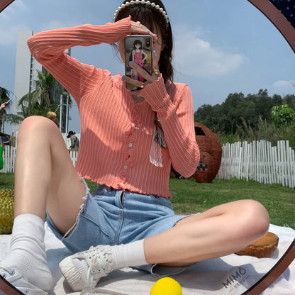 Cute V Neck Knit Casual Thin Sweater Cardigan Shirt Tee T-shirt E-Girl Kawaii Korean Japanese Harajuku Chinese Retro Streetwear
