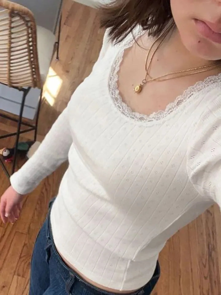 White Ribbed Lace Long Sleeve Shirt