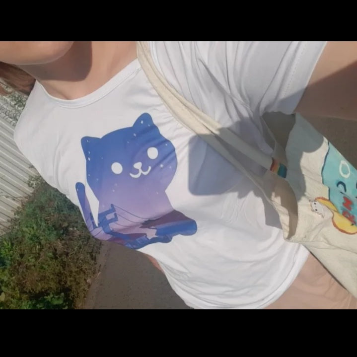 Cute Cat Starry Night Powerline Print Short Sleeve T-shirt Vintage Aesthetic Casual E-Girl Kawaii Korean Japanese Harajuku