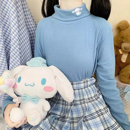 Cute Anime Japanese Embroidery Turtleneck High Collar Long Sleeve Shirt Pullover Aesthetic
