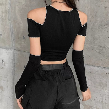 Cute Black Patchwork Cut Shoulder Crop Top Short Sleeve Shirt Punk Goth Summer Aesthetic Casual E-Girl Kawaii Korean Japanese Harajuku